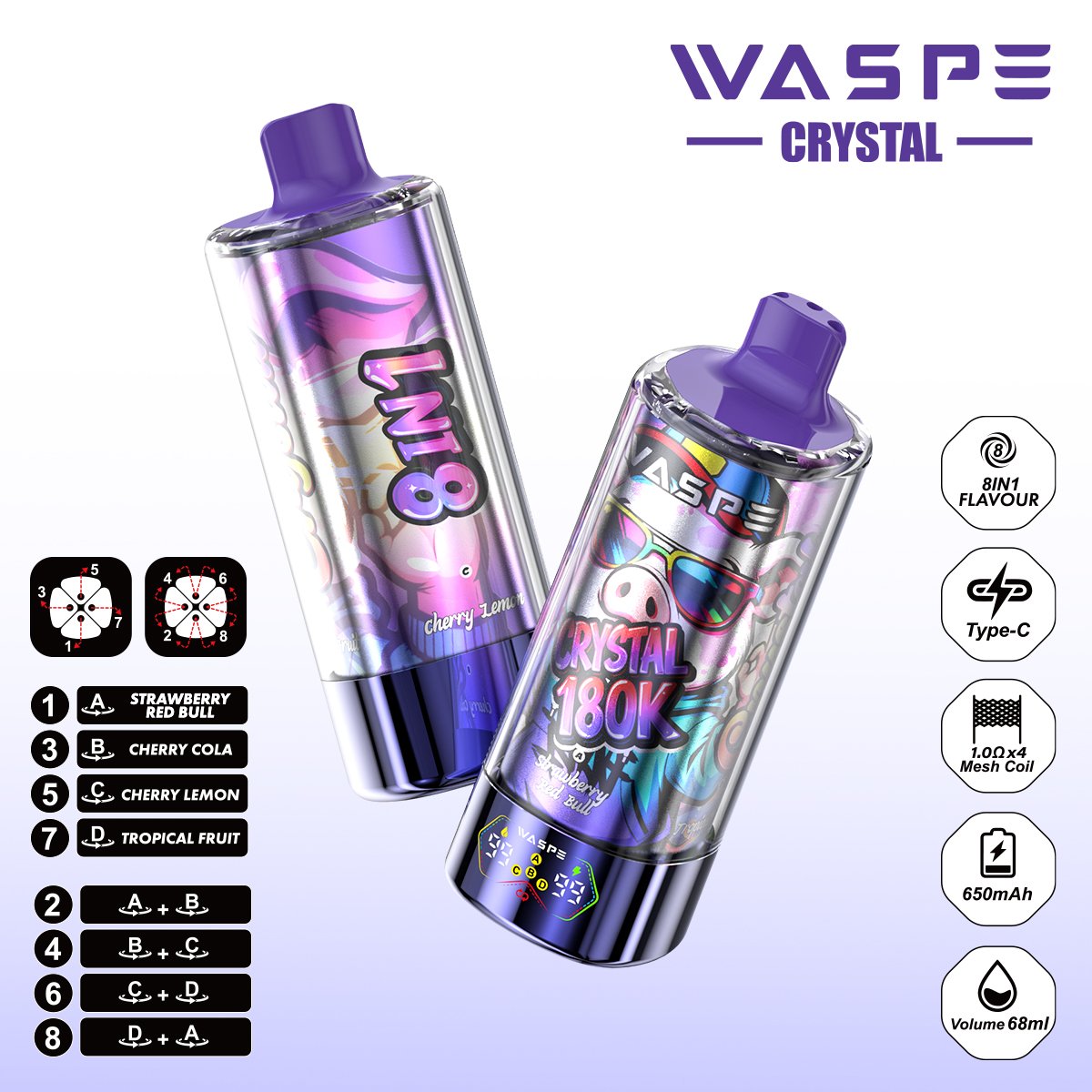 WASPE Crystal 180000 Puffs 8-in-1 Disposable Vape – Smart LED Display - Image 4