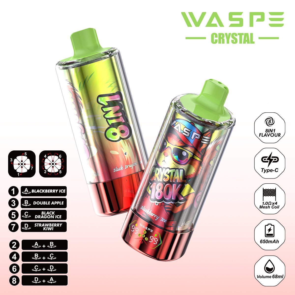 WASPE Crystal 180000 Puffs 8-in-1 Disposable Vape – Smart LED Display - Image 7