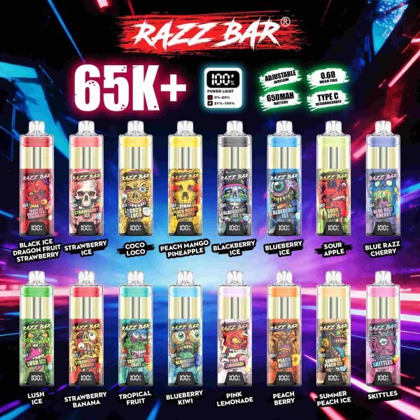 Razz Bar 65K+ Visible Oil Rechargeable Disposable Vape (Transparent Tank | 2.5% Nicotine Salt | Type-c) - Image 2
