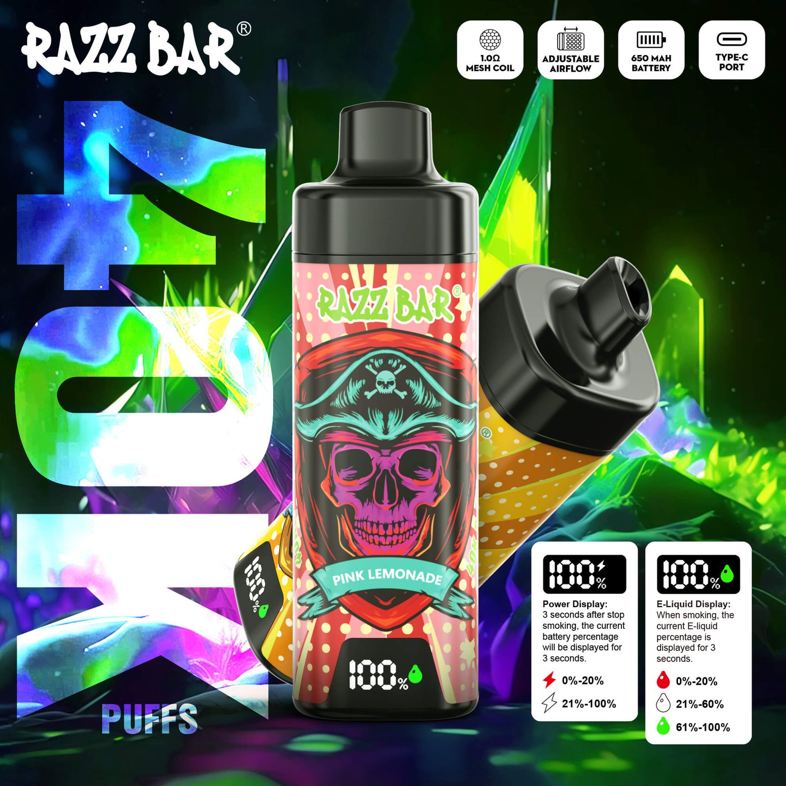 Razz Bar 40000 Puffs Smart Screen Mesh Coil Disposable Vape Rechargeable LED Display Device - Image 2