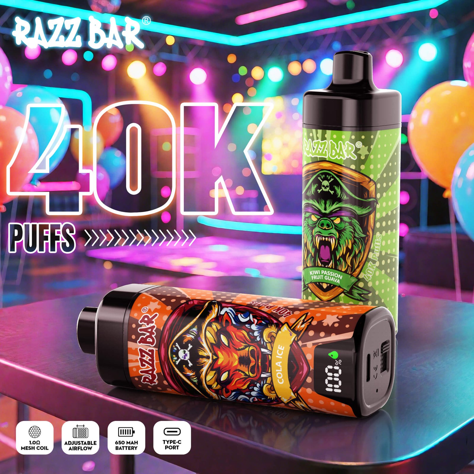 Razz Bar 40000 Puffs Smart Screen Mesh Coil Disposable Vape Rechargeable LED Display Device - Image 6