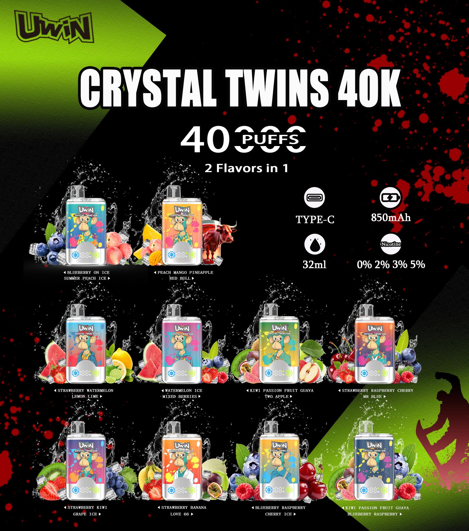 Uwin X RandM Twins Crystal 40K Puffs Dual Flavor Rechargeable Disposable Vape - Image 3