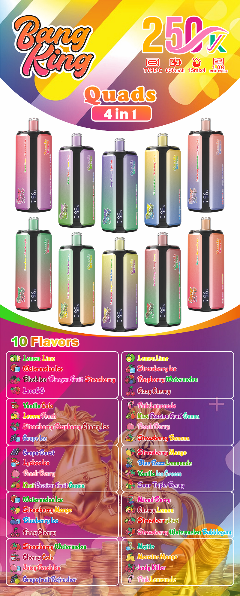 Bang King 250000 Puffs 4 in 1 Quads Ultra Long Lasting Multi-Flavor Disposable Vape (650mAh Battery, 4x15ml Pre-Filled Pods, Quad Mesh Coil) - Image 6