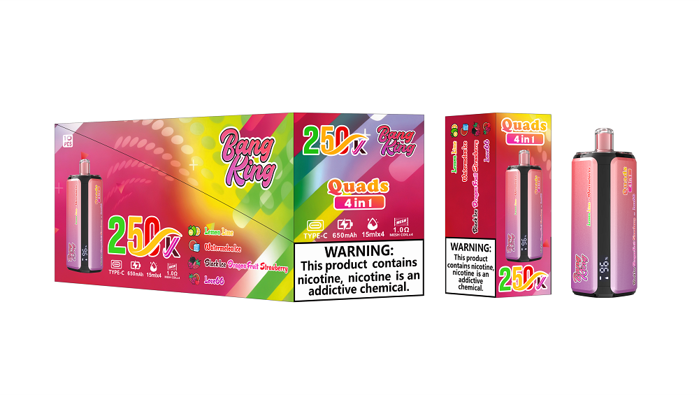 Bang King 250000 Puffs 4 in 1 Quads Ultra Long Lasting Multi-Flavor Disposable Vape (650mAh Battery, 4x15ml Pre-Filled Pods, Quad Mesh Coil) - Image 7